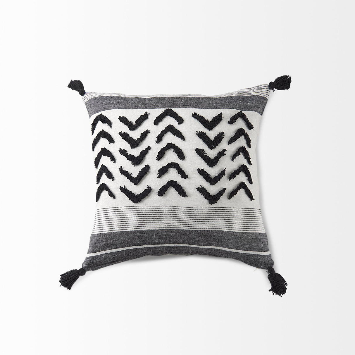Mercana Kimia 20L x 20W White and Black Fabric Herringbone and Fringed Decorative Pillow Cover
