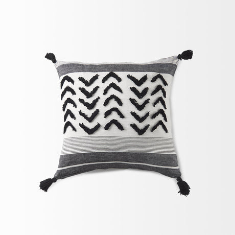 Mercana Kimia 20L x 20W White and Black Fabric Herringbone and Fringed Decorative Pillow Cover