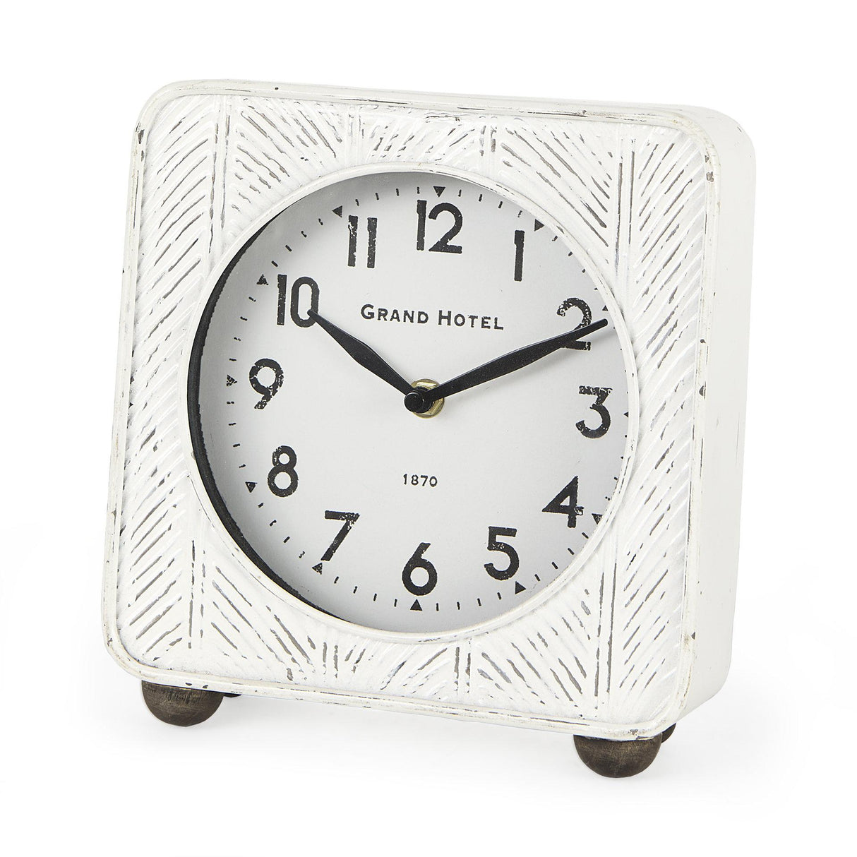 Mercana Karl 8.0L x 2.8W x 8.8H Rustic White Iron Rounded Square Table Clock