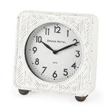 Mercana Karl 8.0L x 2.8W x 8.8H Rustic White Iron Rounded Square Table Clock