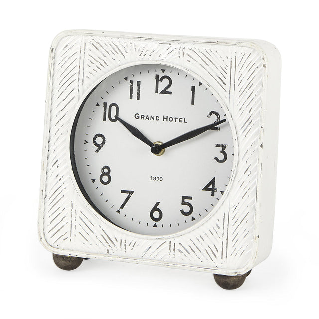 Mercana Karl 8.0L x 2.8W x 8.8H Rustic White Iron Rounded Square Table Clock