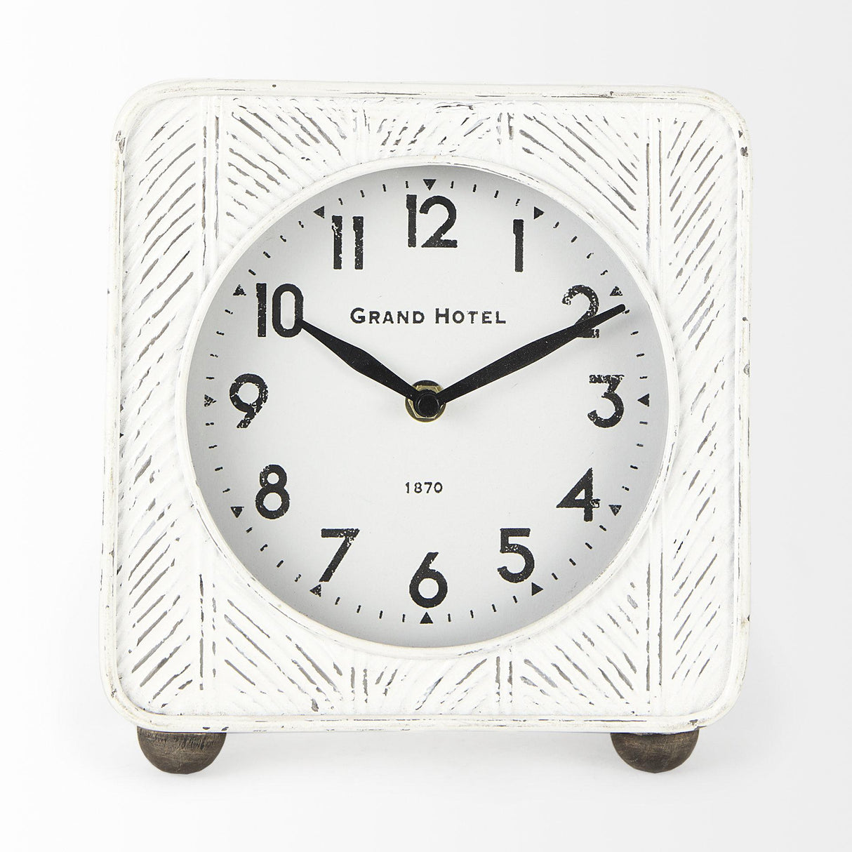 Mercana Karl 8.0L x 2.8W x 8.8H Rustic White Iron Rounded Square Table Clock