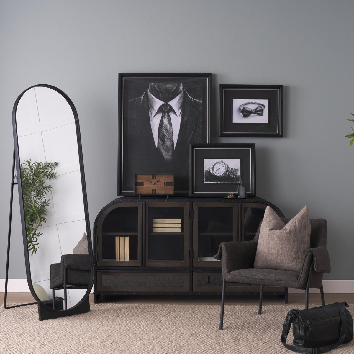 Mercana Harvey 13.0L x 4.5W x 8.1H Black Metal and Wood Rectangular Table Clock