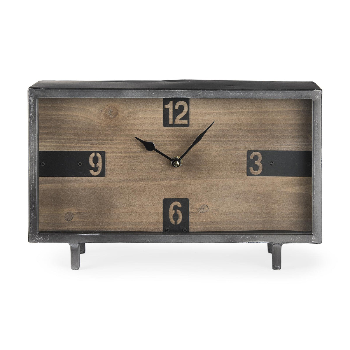 Mercana Harvey 13.0L x 4.5W x 8.1H Black Metal and Wood Rectangular Table Clock