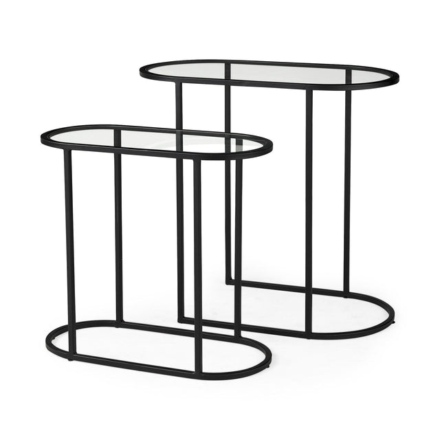 Mercana Celine 24.2 L x 12.6 W x 22.4 H Set of Two Black/Silver Metal and Glass Nesting Accent Tables