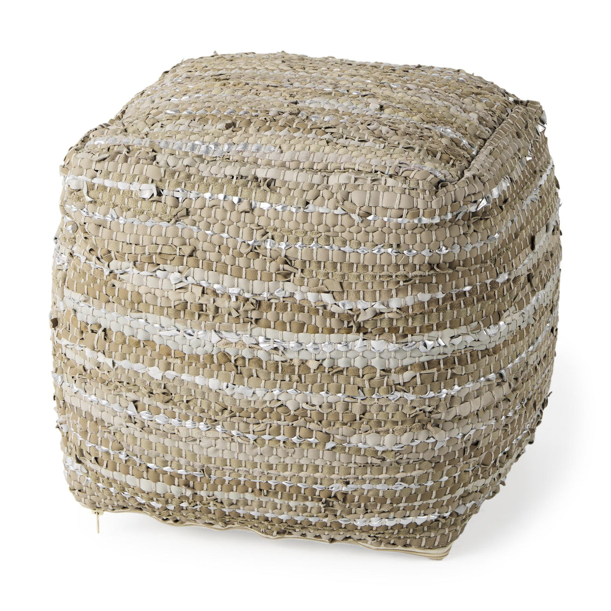 Mercana Aadhya 16.0L x 16.0W x 16.0H Taupe/Silver Leather and Cotton Pouf
