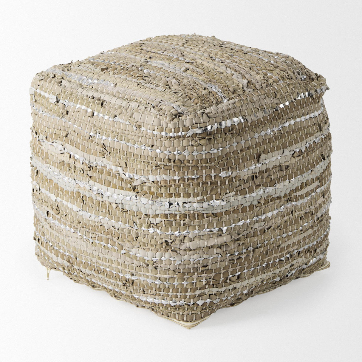 Mercana Aadhya 16.0L x 16.0W x 16.0H Taupe/Silver Leather and Cotton Pouf