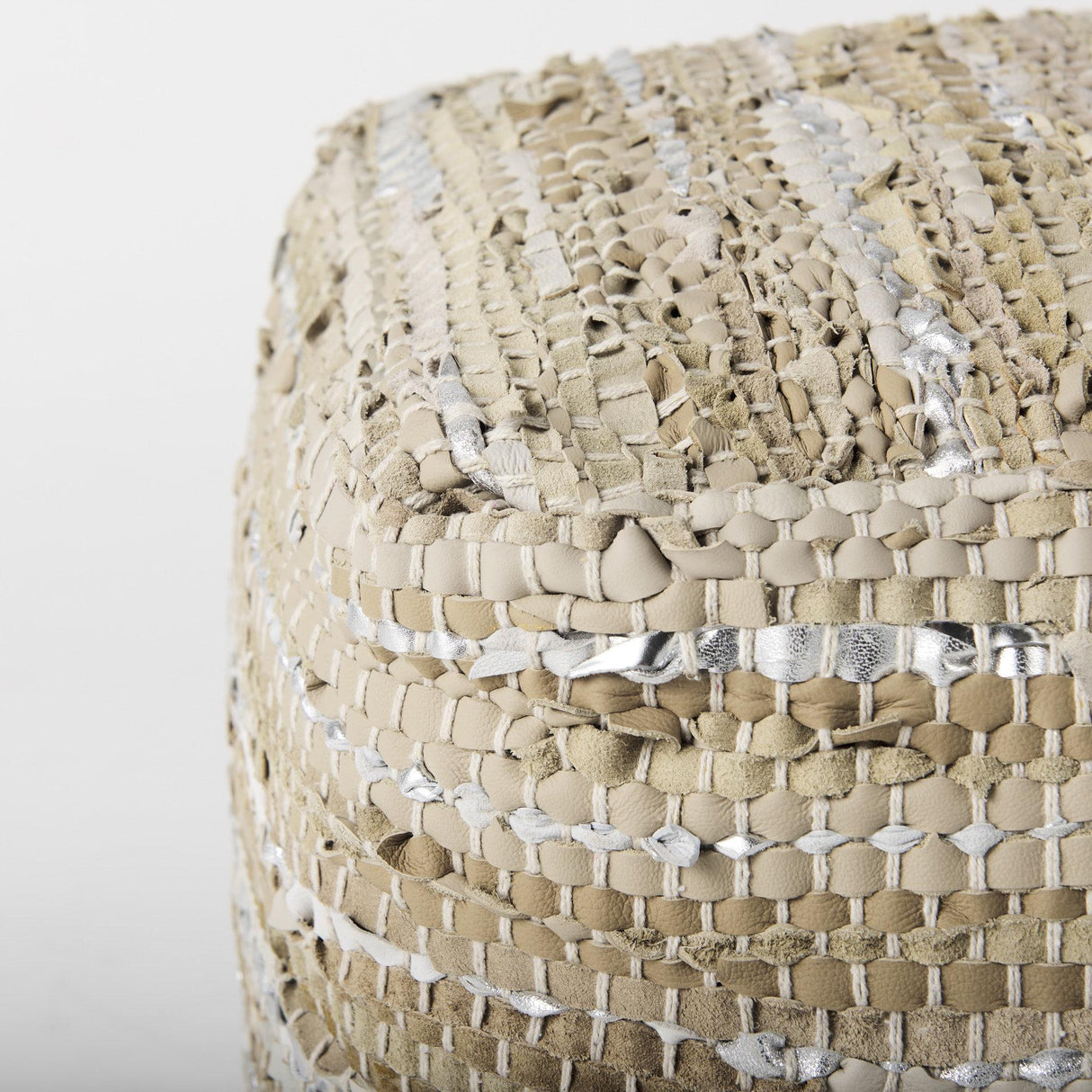 Mercana Aadhya 16.0L x 16.0W x 16.0H Taupe/Silver Leather and Cotton Pouf