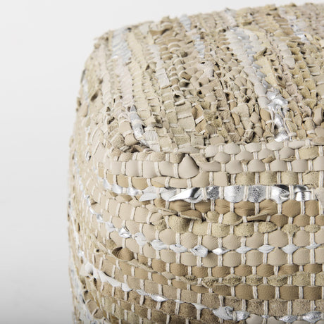 Mercana Aadhya 16.0L x 16.0W x 16.0H Taupe/Silver Leather and Cotton Pouf