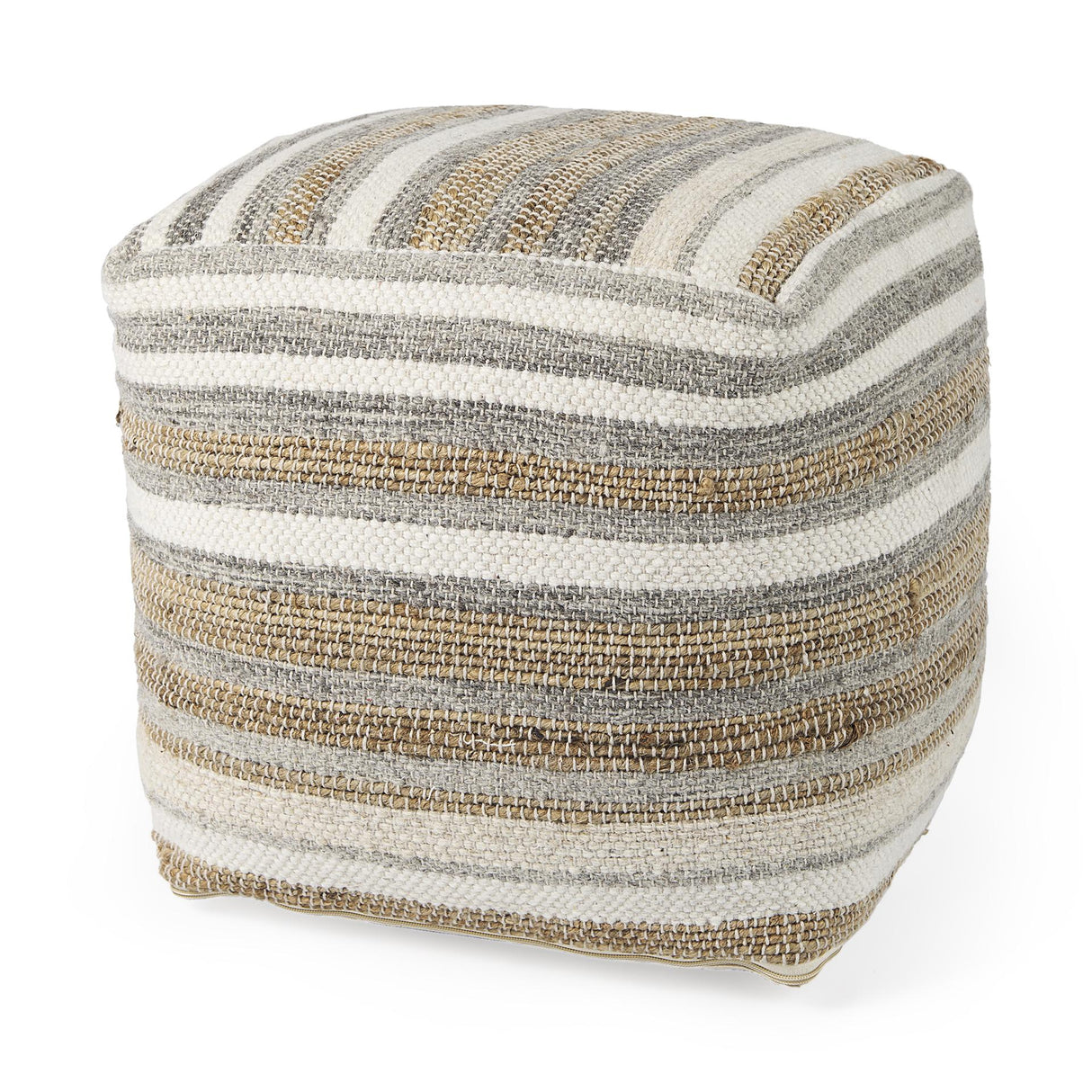 Mercana Aahana 16.0L x 16.0W x 16.0H White/Taupe/Gray Striped Hemp and Cotton Pouf