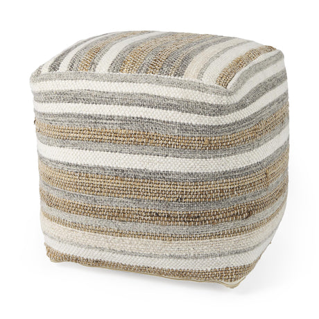 Mercana Aahana 16.0L x 16.0W x 16.0H White/Taupe/Gray Striped Hemp and Cotton Pouf