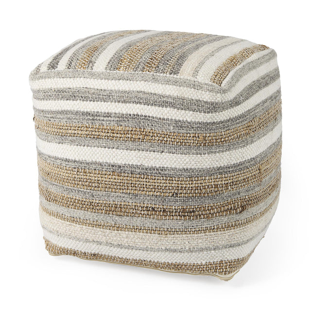 Mercana Aahana 16.0L x 16.0W x 16.0H White/Taupe/Gray Striped Hemp and Cotton Pouf