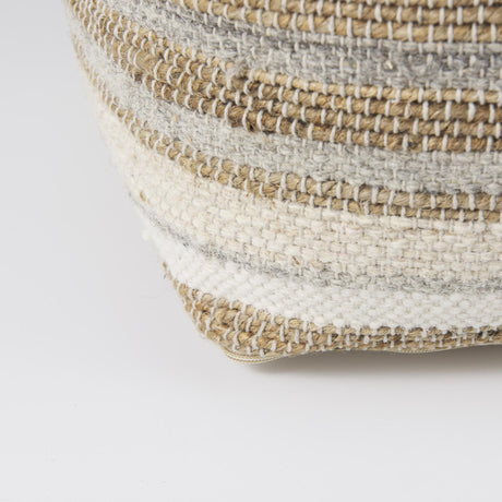 Mercana Aahana 16.0L x 16.0W x 16.0H White/Taupe/Gray Striped Hemp and Cotton Pouf