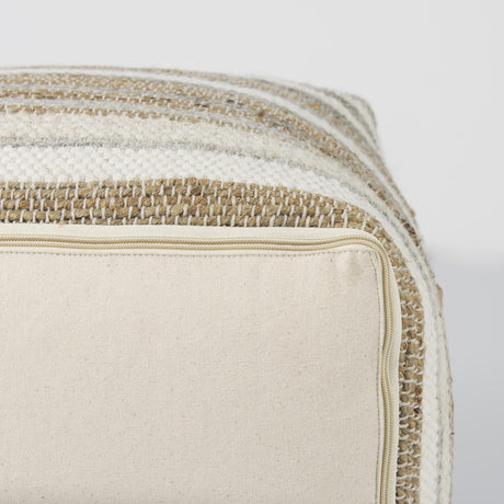 Mercana Aahana 16.0L x 16.0W x 16.0H White/Taupe/Gray Striped Hemp and Cotton Pouf