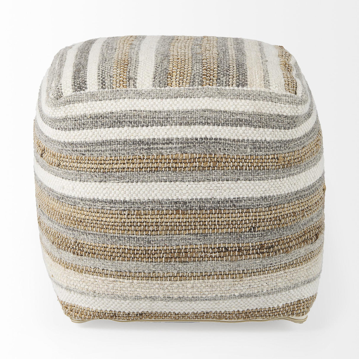 Mercana Aahana 16.0L x 16.0W x 16.0H White/Taupe/Gray Striped Hemp and Cotton Pouf