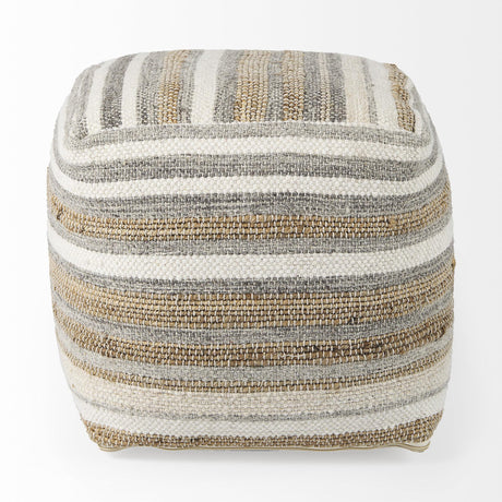 Mercana Aahana 16.0L x 16.0W x 16.0H White/Taupe/Gray Striped Hemp and Cotton Pouf