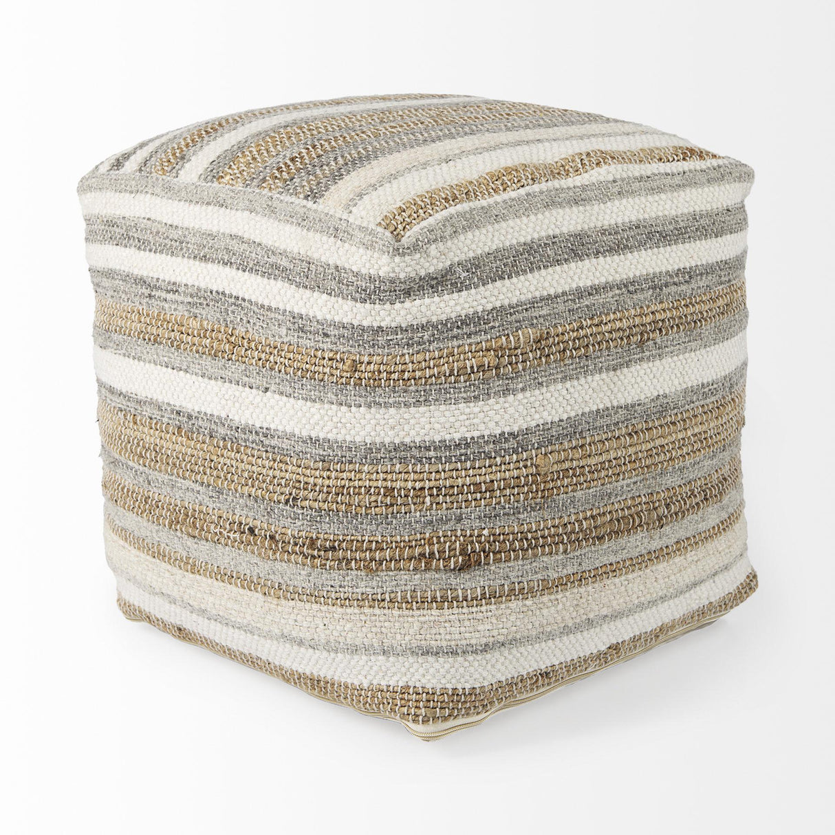 Mercana Aahana 16.0L x 16.0W x 16.0H White/Taupe/Gray Striped Hemp and Cotton Pouf