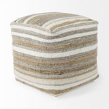Mercana Aahana 16.0L x 16.0W x 16.0H White/Taupe/Gray Striped Hemp and Cotton Pouf