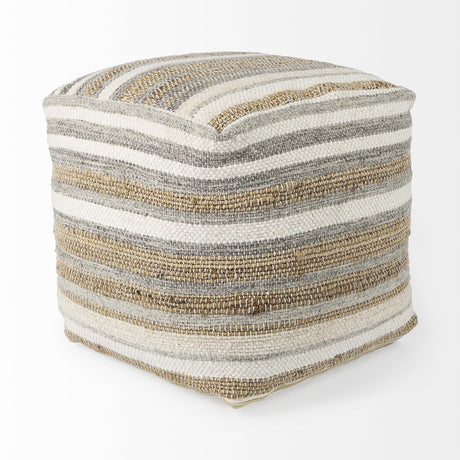 Mercana Aahana 16.0L x 16.0W x 16.0H White/Taupe/Gray Striped Hemp and Cotton Pouf