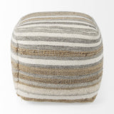 Mercana Aahana 16.0L x 16.0W x 16.0H White/Taupe/Gray Striped Hemp and Cotton Pouf