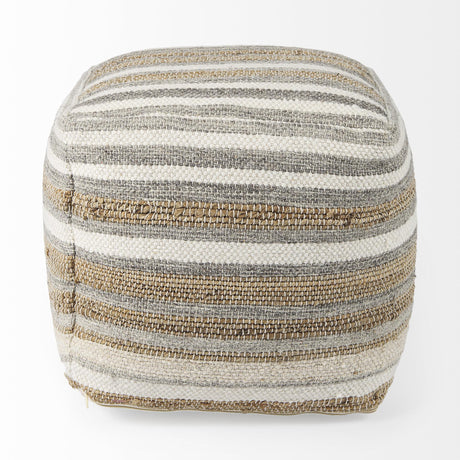 Mercana Aahana 16.0L x 16.0W x 16.0H White/Taupe/Gray Striped Hemp and Cotton Pouf