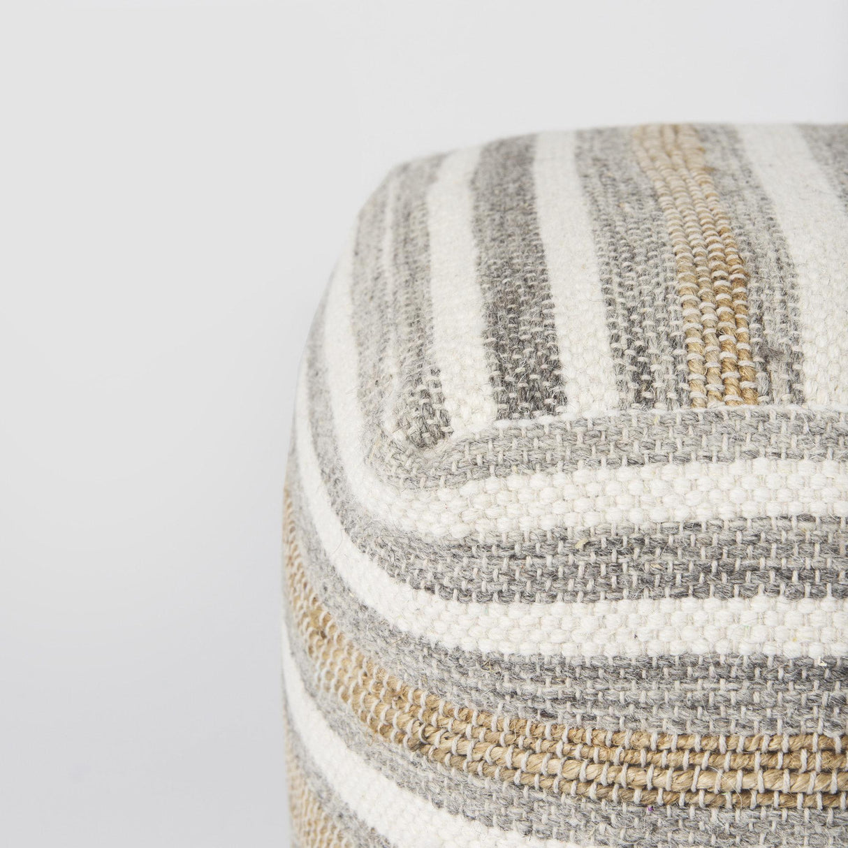 Mercana Aahana 16.0L x 16.0W x 16.0H White/Taupe/Gray Striped Hemp and Cotton Pouf