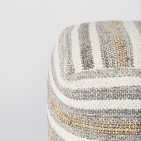 Mercana Aahana 16.0L x 16.0W x 16.0H White/Taupe/Gray Striped Hemp and Cotton Pouf