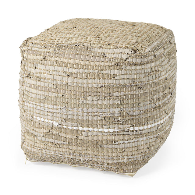 Mercana Aalia 16.0L x 16.0W x 16.0H Beige Leather and Jute Pouf