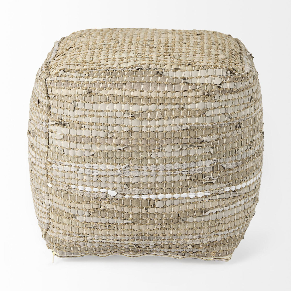 Mercana Aalia 16.0L x 16.0W x 16.0H Beige Leather and Jute Pouf