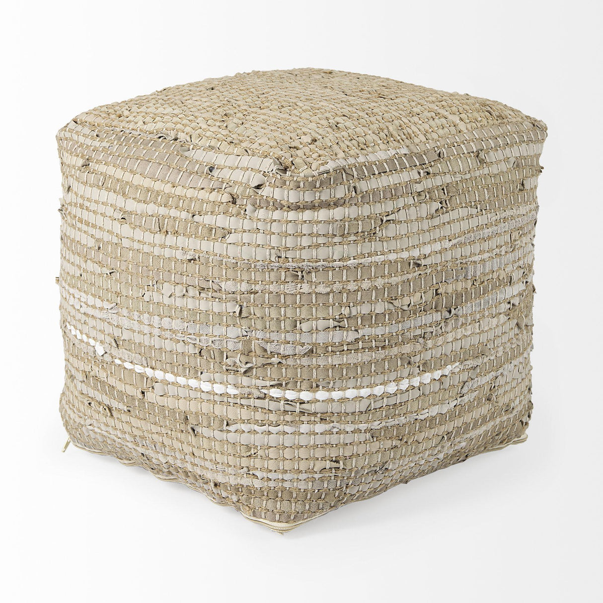 Mercana Aalia 16.0L x 16.0W x 16.0H Beige Leather and Jute Pouf