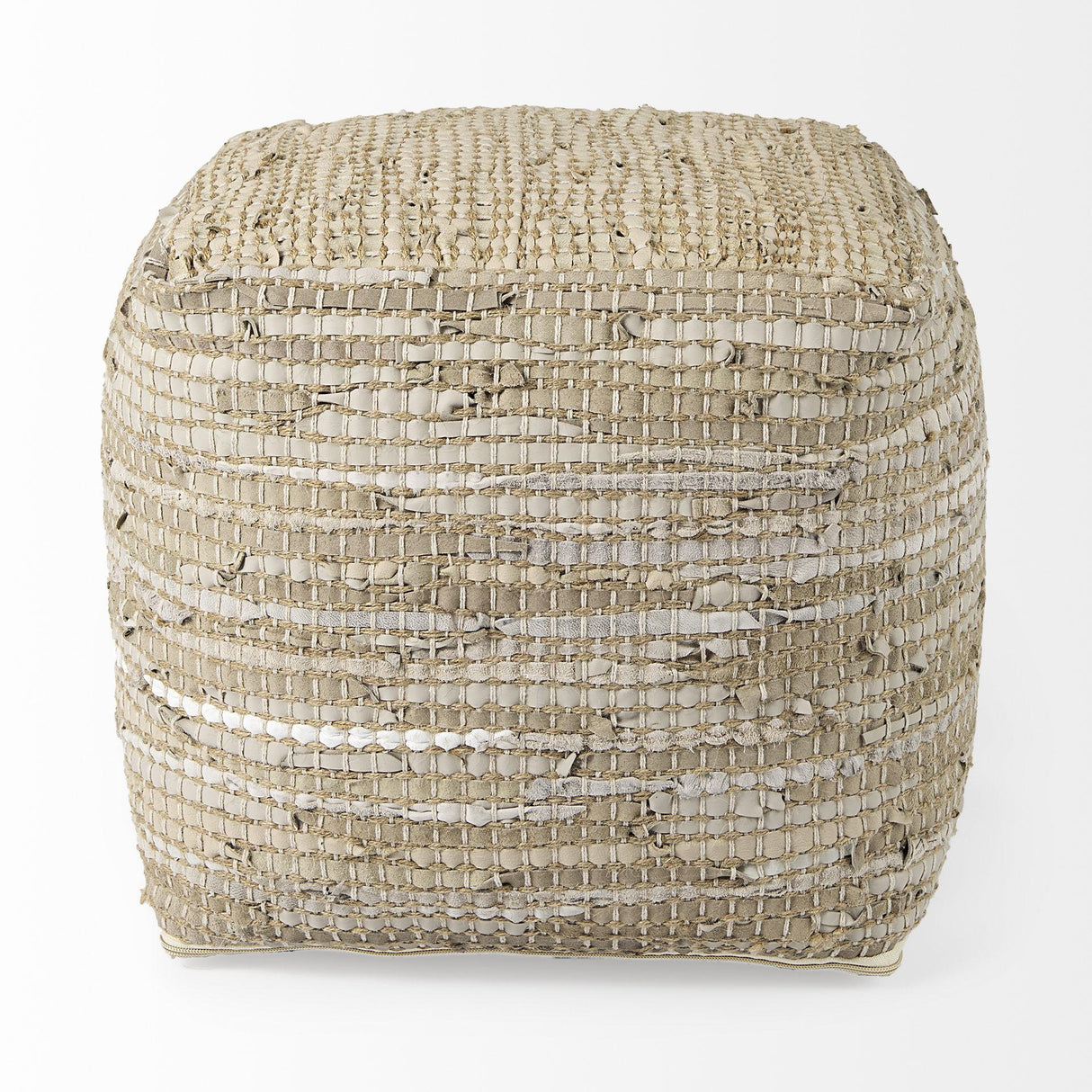 Mercana Aalia 16.0L x 16.0W x 16.0H Beige Leather and Jute Pouf
