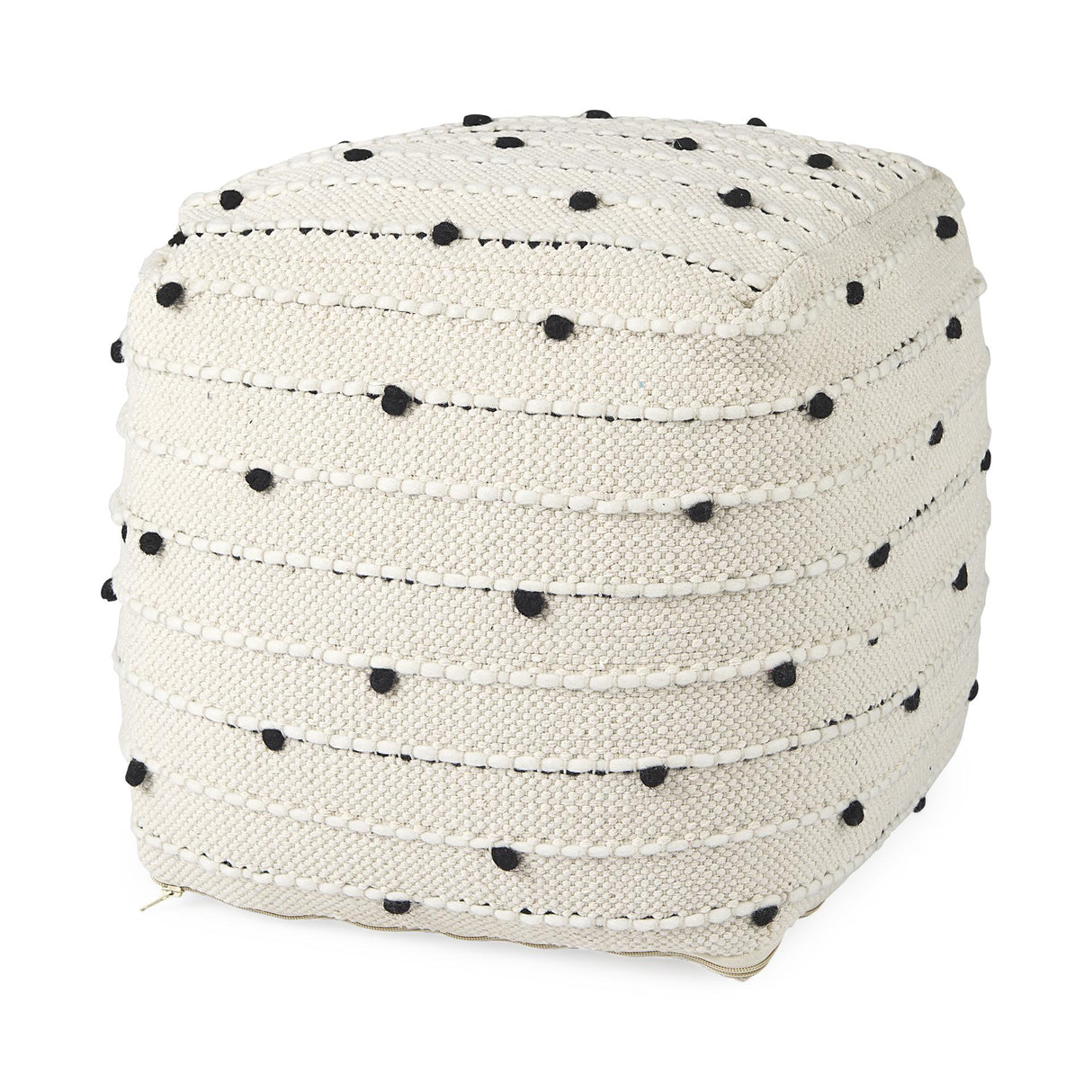Mercana Amaira 16.0L x 16.0W x 16.0H Cream/Black/White patterned Wool and Cotton Pouf
