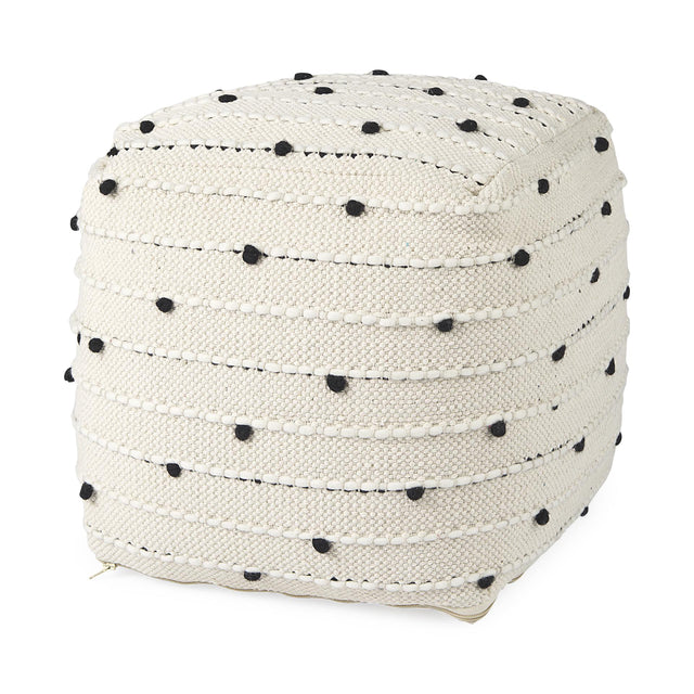 Mercana Amaira 16.0L x 16.0W x 16.0H Cream/Black/White patterned Wool and Cotton Pouf