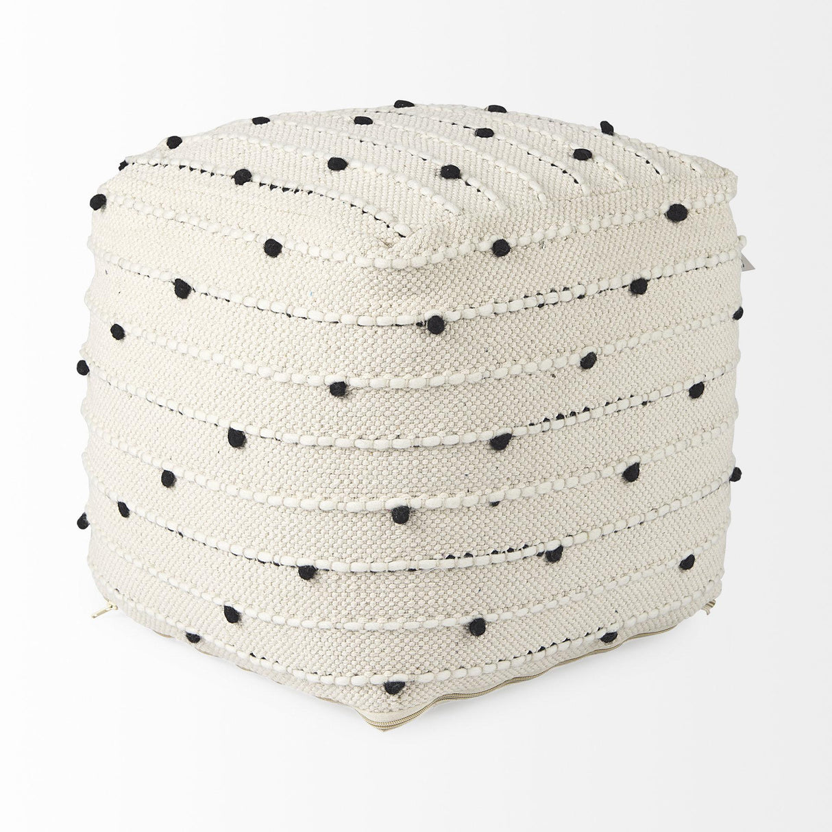Mercana Amaira 16.0L x 16.0W x 16.0H Cream/Black/White patterned Wool and Cotton Pouf