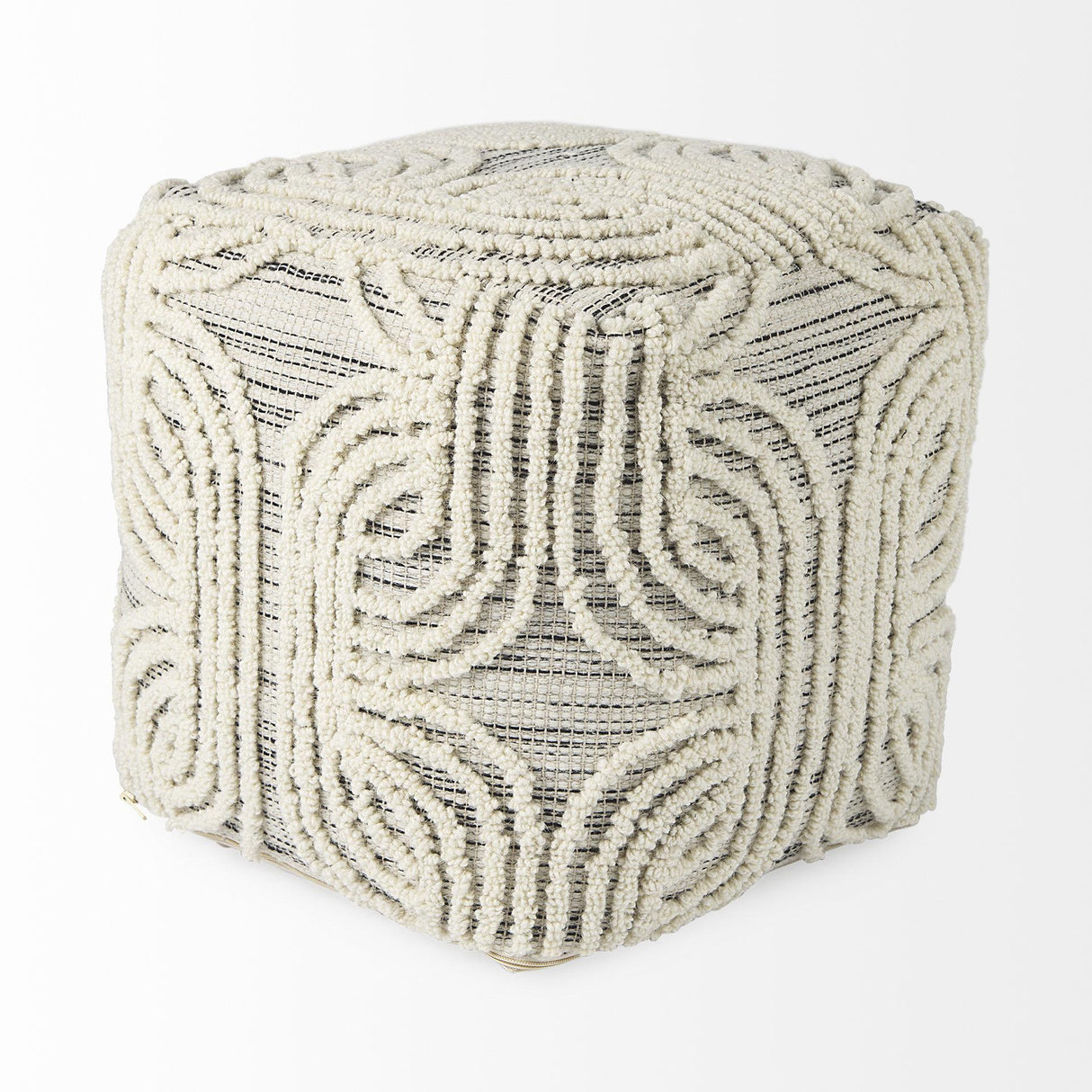 Mercana Amaya 16.0L x 16.0W x 16.0H Cream/Black/Gray Wool and Cotton Pouf