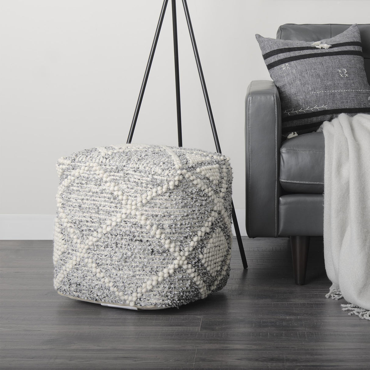 Mercana Ekiya 16.0L x 16.0W x 16.0H Black/White Yarn and Wool Patterened Pouf
