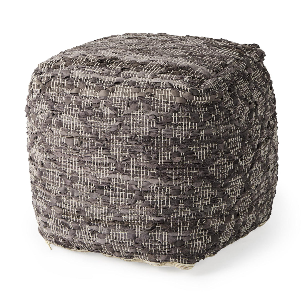 Mercana Falguni 16.0L x 16.0W x 16.0H Gray Leather and Cotton Patterned Pouf