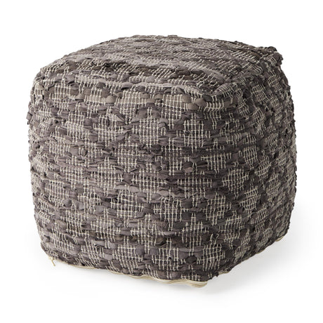 Mercana Falguni 16.0L x 16.0W x 16.0H Gray Leather and Cotton Patterned Pouf