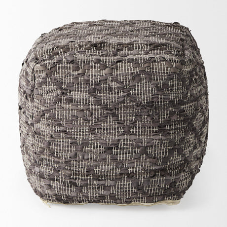 Mercana Falguni 16.0L x 16.0W x 16.0H Gray Leather and Cotton Patterned Pouf
