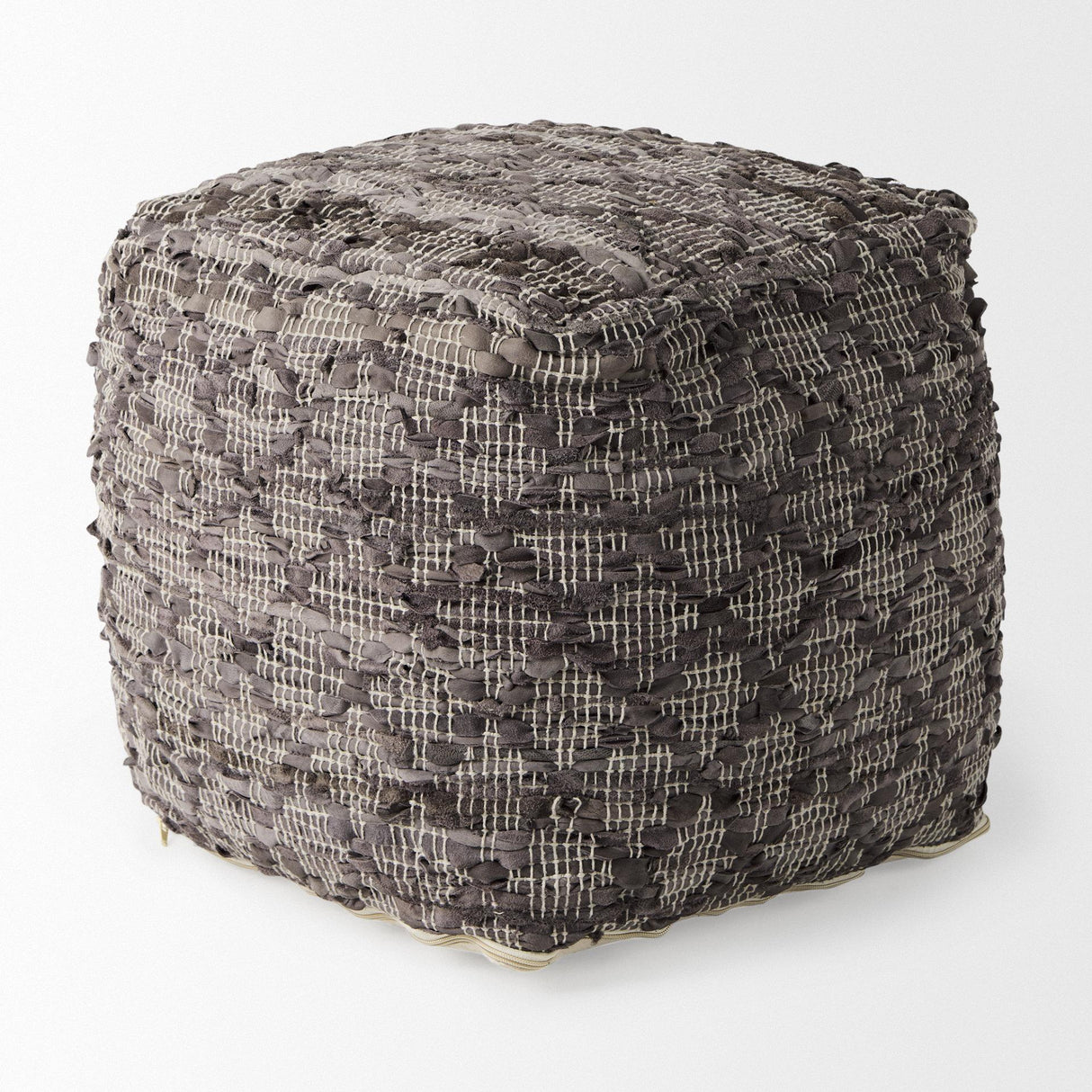 Mercana Falguni 16.0L x 16.0W x 16.0H Gray Leather and Cotton Patterned Pouf