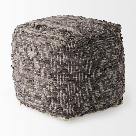 Mercana Falguni 16.0L x 16.0W x 16.0H Gray Leather and Cotton Patterned Pouf