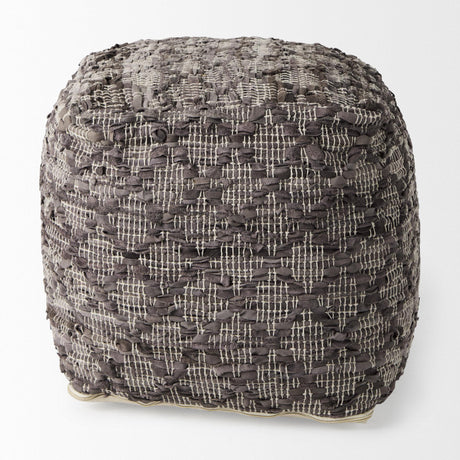 Mercana Falguni 16.0L x 16.0W x 16.0H Gray Leather and Cotton Patterned Pouf