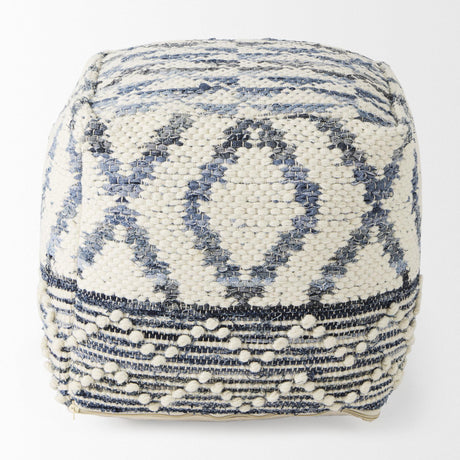 Mercana Eshana 16.0L x 16.0W x 16.0H Cream Wool and Denim Patterned Pouf