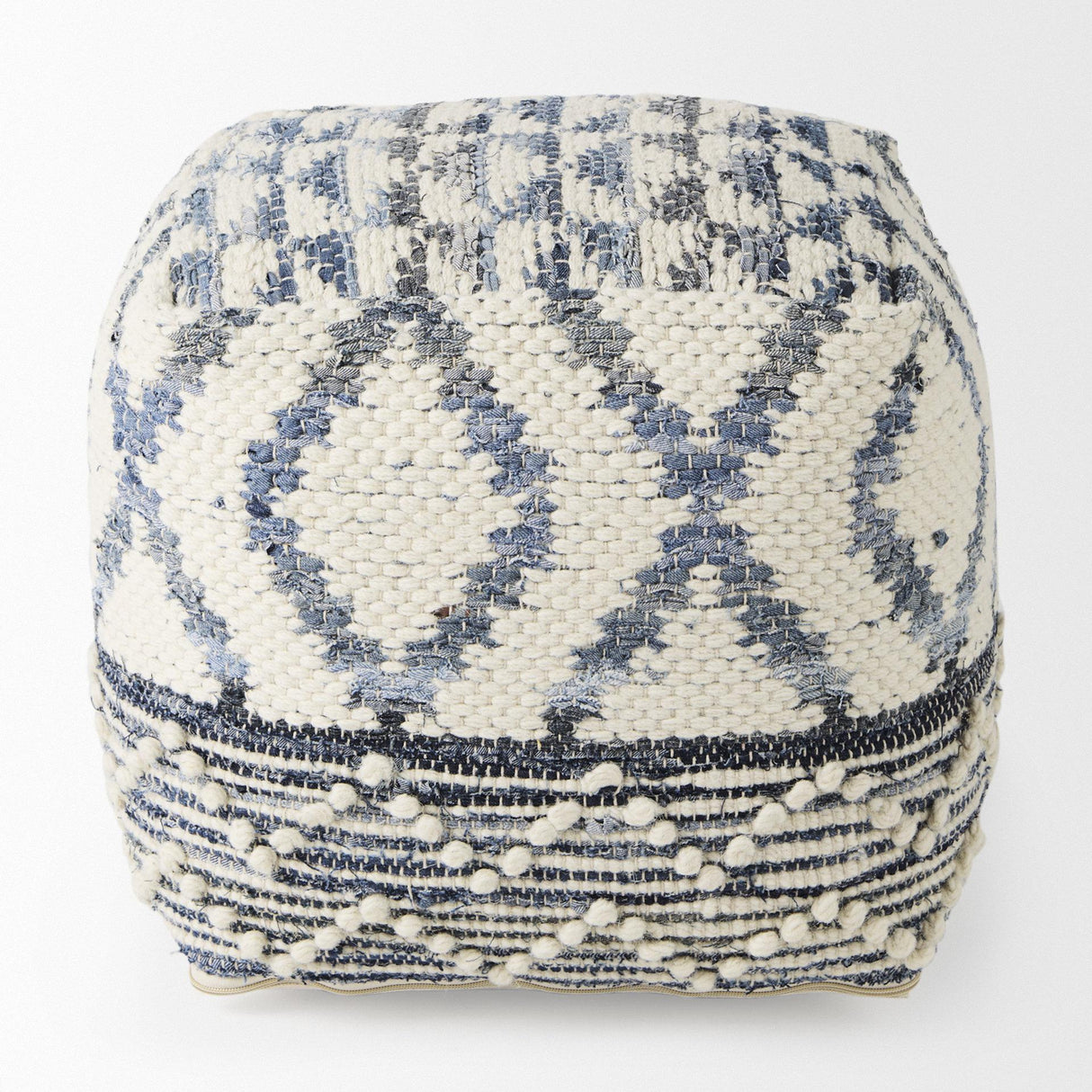 Mercana Eshana 16.0L x 16.0W x 16.0H Cream Wool and Denim Patterned Pouf
