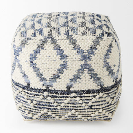 Mercana Eshana 16.0L x 16.0W x 16.0H Cream Wool and Denim Patterned Pouf