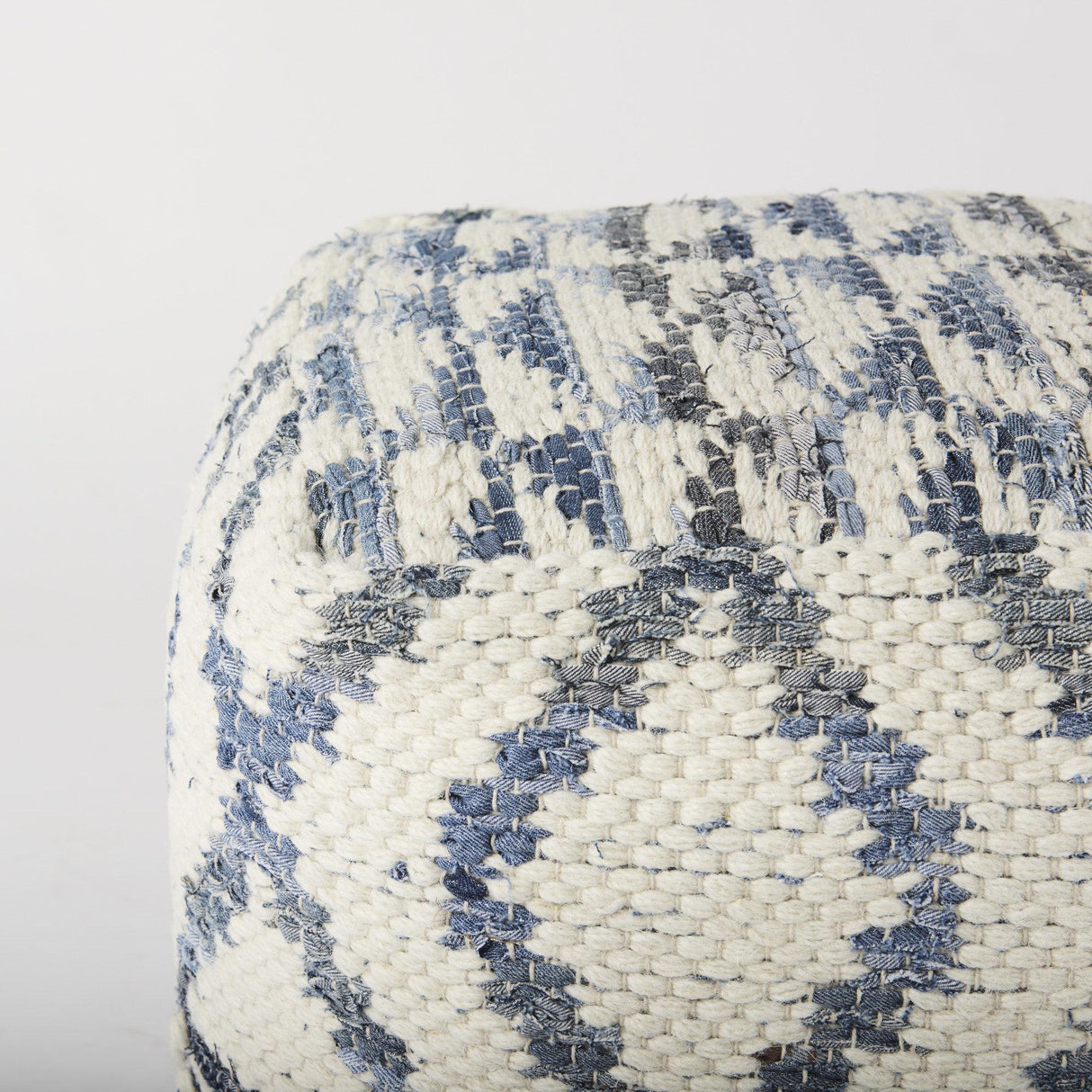 Mercana Eshana 16.0L x 16.0W x 16.0H Cream Wool and Denim Patterned Pouf