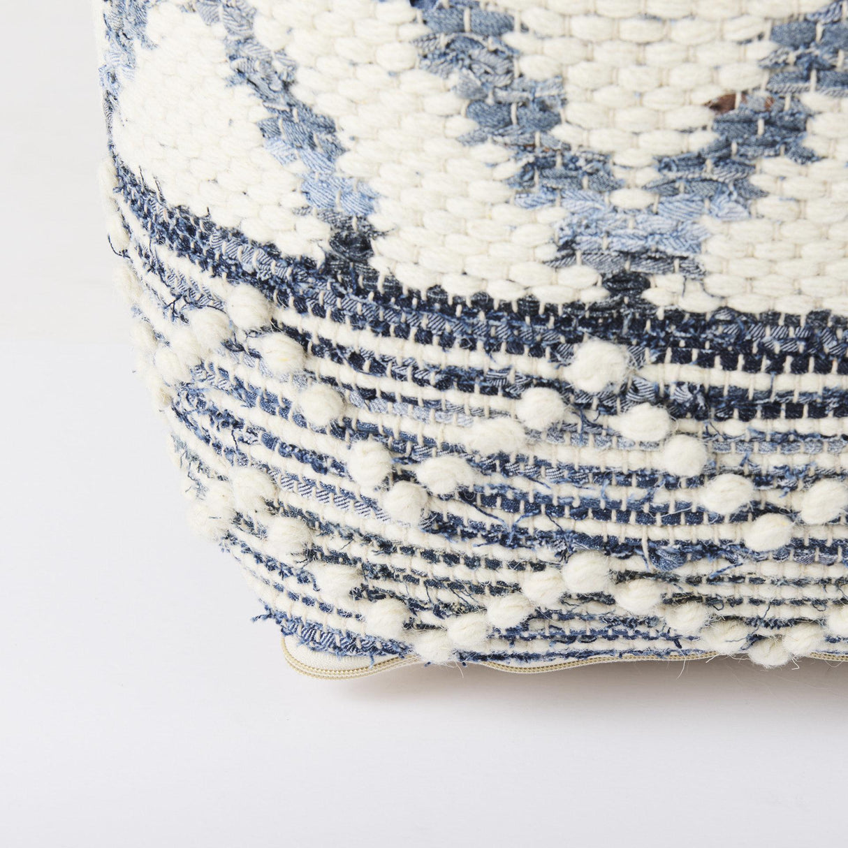 Mercana Eshana 16.0L x 16.0W x 16.0H Cream Wool and Denim Patterned Pouf
