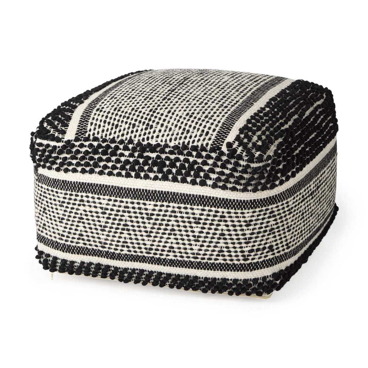 Mercana Garima 22.0L x 22.0W x 14.0H Black/White Wool and Cotton Patterned Pouf