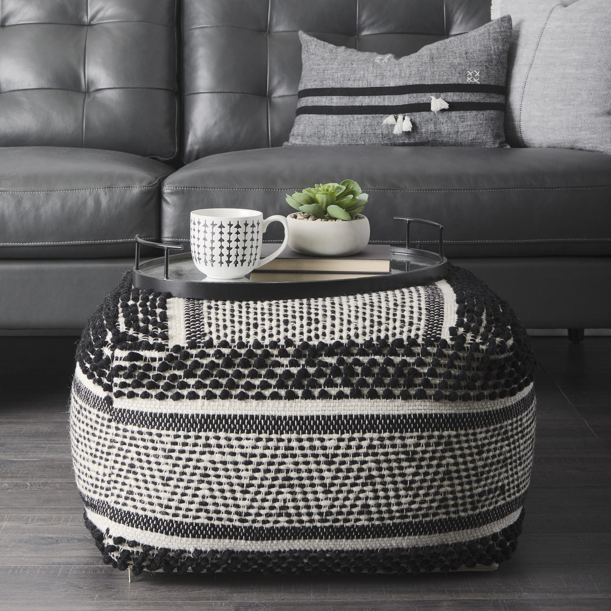 Mercana Garima 22.0L x 22.0W x 14.0H Black/White Wool and Cotton Patterned Pouf