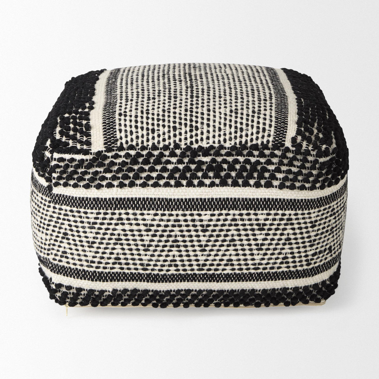 Mercana Garima 22.0L x 22.0W x 14.0H Black/White Wool and Cotton Patterned Pouf